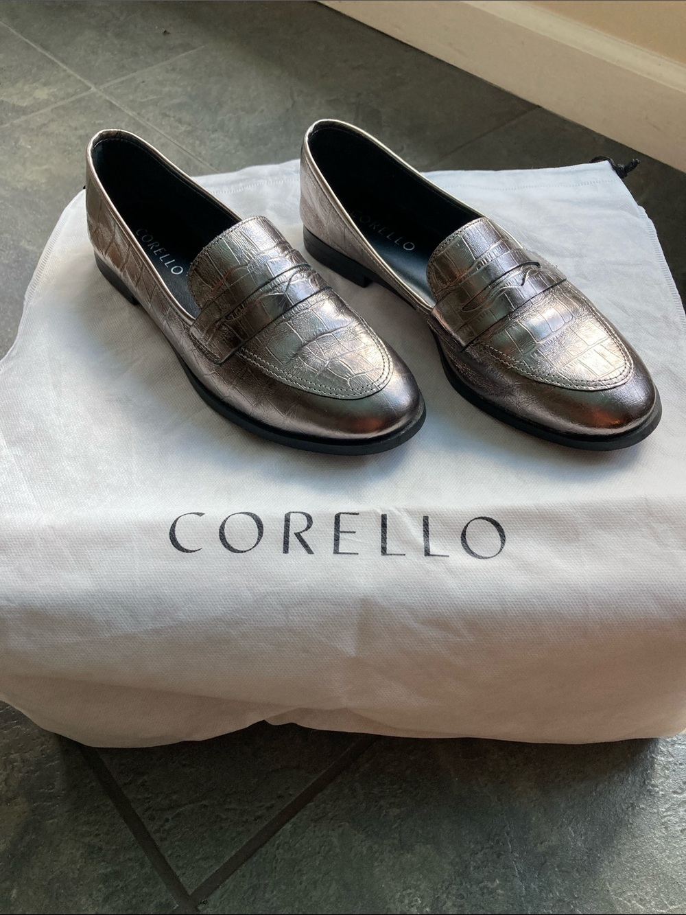 Corello Metallic Croc-Embossed Penny Loafers - Silver